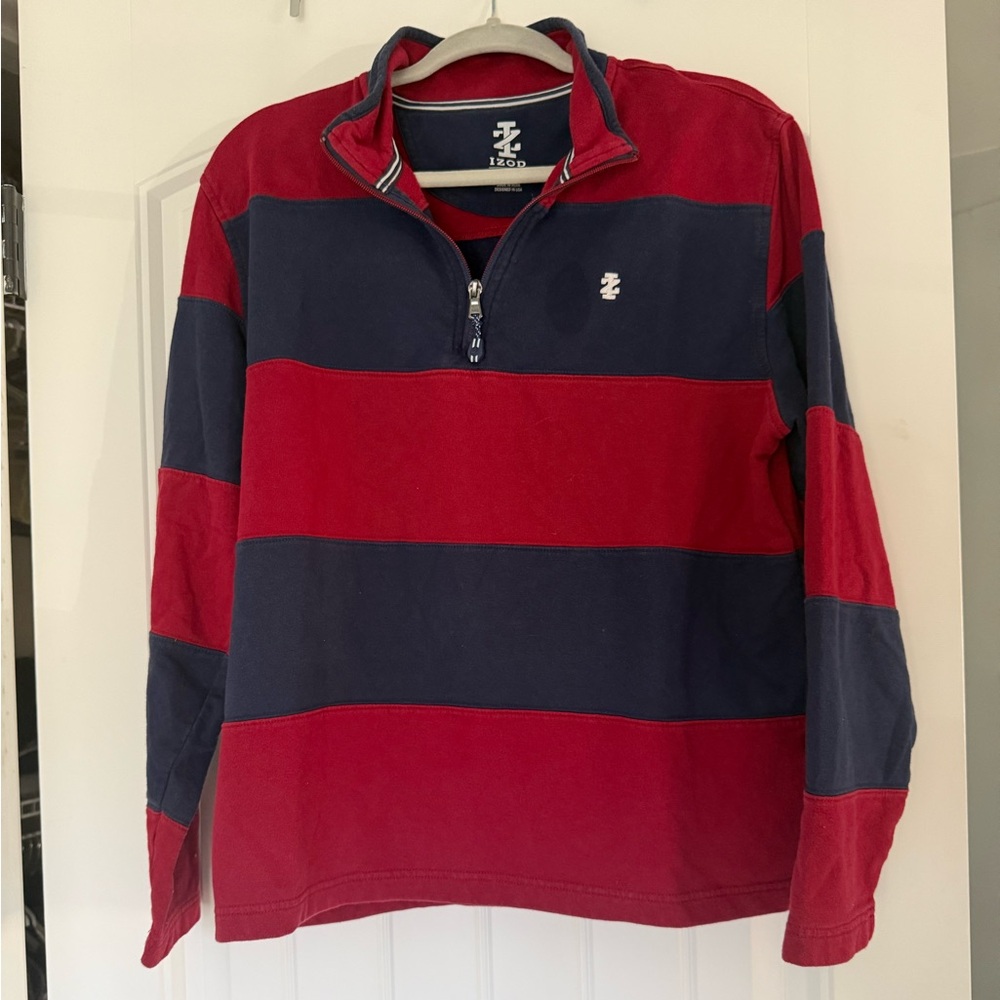 Izod Red and Navy Horizontal Stripe Quarter-Zip Sweatshirt